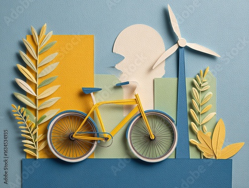 Sustainable Lifestyle Collage: Bicycle, Solar Panels and Windmill with Plant Frame in Paper Cut Effect and Color Blocking