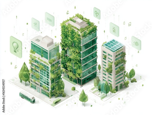 Eco Architecture Concept: Buildings with Living Walls and Floating Energy Icons in Isometric Grid for Urban Planning