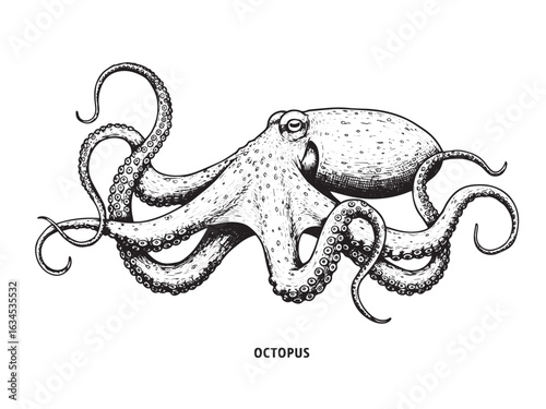 Detailed vintage engraving of octopus with curling tentacles and intricate suckers in classic line style