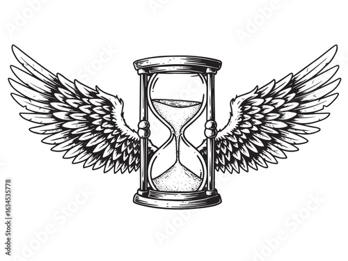 Surreal symbolic engraving hourglass with wings evoking fleeting time perfect for timeless design concepts
