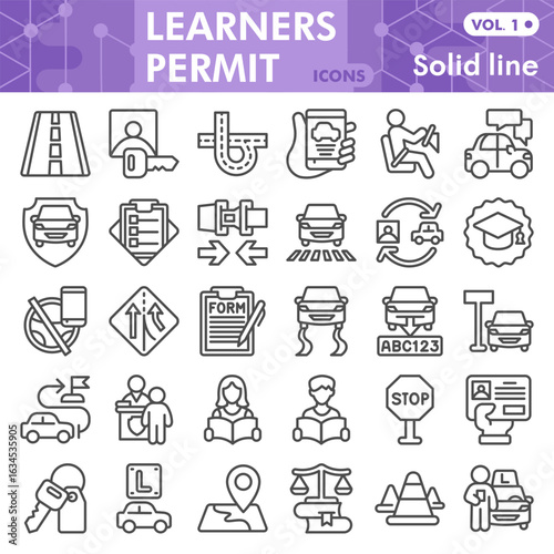 Learners permit symbols collection or sketches, driving theme bubble with line style signs for web and app. Vector graphics isolated on white background.
