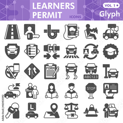 Learners permit symbols collection or sketches, driving theme bubble with glyph style signs for web and app. Vector graphics isolated on white background.