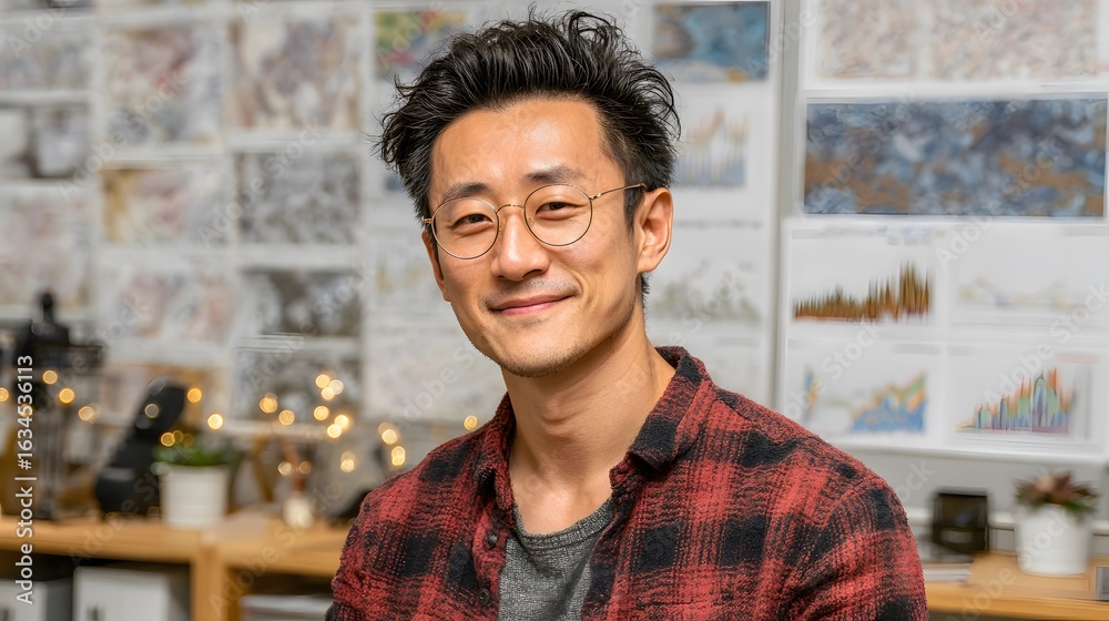 Obraz premium Asian man wearing glasses and a red plaid shirt smiles at the camera.