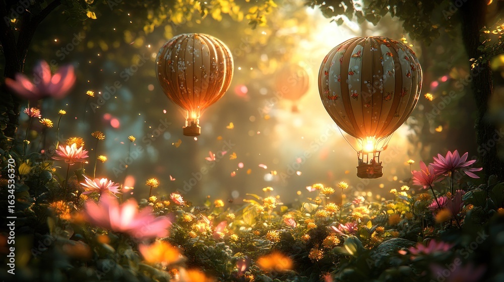 Fototapeta premium Two hot air balloons ascend through a vibrant flower field, bathed in sunlight