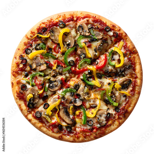 Deliciously topped vegetarian pizza presented against a stark black background