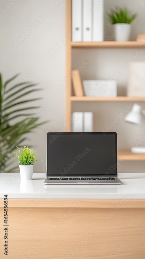Fototapeta premium Modern minimalist workspace with a sleek laptop on a clean white desk