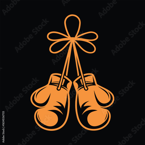 Pair of orange boxing gloves hanging by a string tied in a bow on a black background Keywords: boxing gloves, boxing, sport, fighting, gloves