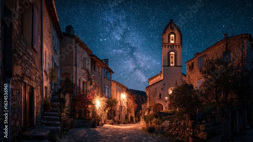 French village under starry skies, church bell tower softly lit, and quiet stone streets below