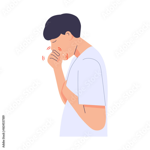 Coughing man, sick person. Dry cough. Productive cough with phlegm or sputum. Sore throat and chest pain. Flu and cold symptoms. Intrarespiratory infection. vector illustration 
