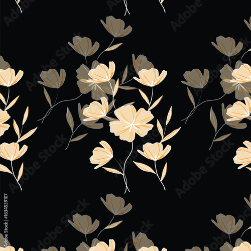 Cheerful Flower Pattern with Daisies and Tulips on Beige
