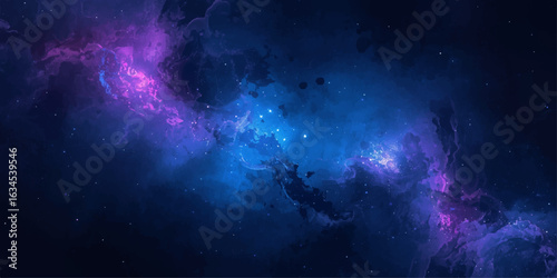 A vibrant abstract blue space with glowing particles, stars, and a nebula in the dark night sky
