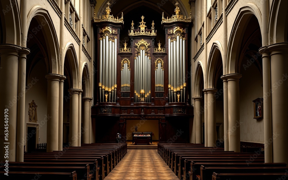Fototapeta premium Grand Organ with Gold Accents in Dark Gothic Cathedral. High quality