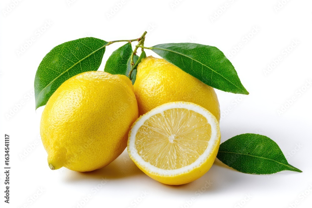 custom made wallpaper toronto digitalTwo whole lemons and a lemon half, with vibrant green leaves, sit on a pristine white background. The lemons are bright yellow, juicy-looking, and appear ripe