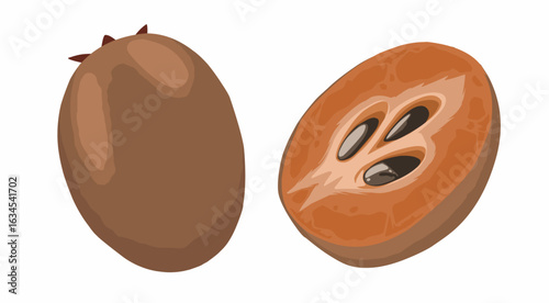 Sweet brown sapodilla fruit with black seeds issolated on white 
