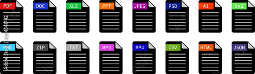 File format icons, document icons set, colored icons set, line and flat icon.