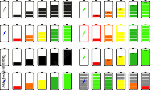 Battery Level Icons Set - Charging and Energy Status Vector Pack.