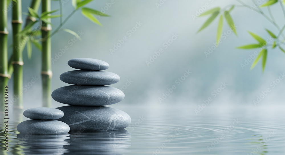 Obraz premium Serene Stacked Stones and Bamboo in Tranquil Water Scene
