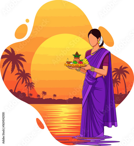 Colorful fruits and offerings displayed in a traditional Chhath Puja thali representing Indian religious and cultural festival, isolated abstract shape background.