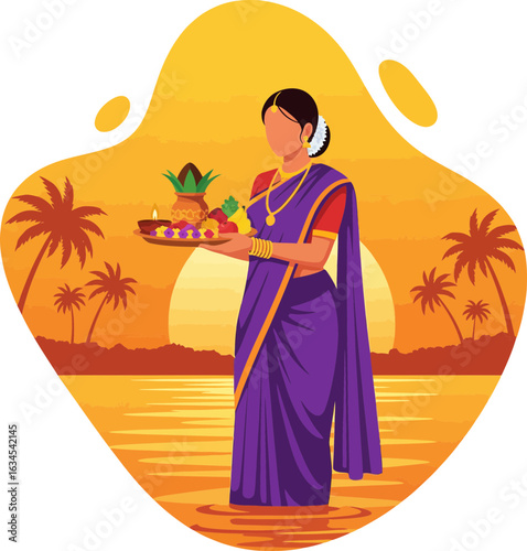 Colorful fruits and offerings displayed in a traditional Chhath Puja thali representing Indian religious and cultural festival, isolated abstract shape background.