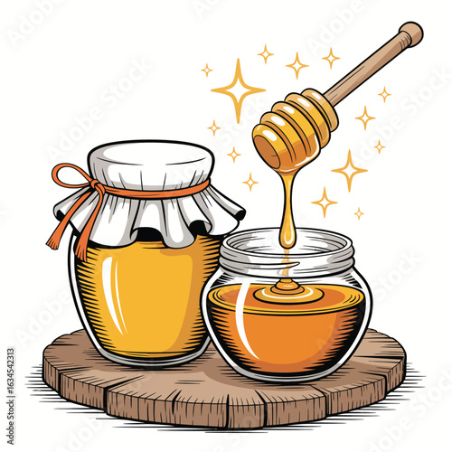 Two jars of golden honey with a honey dipper dripping sweetness