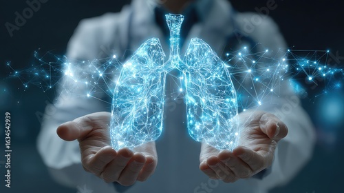 Advanced Respiratory Care: Doctors Hands Cradle a Luminous Plexus Lung Model.