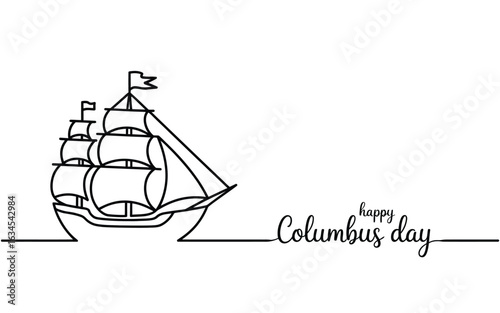 Line art of a sailing ship and happy columbus day greeting