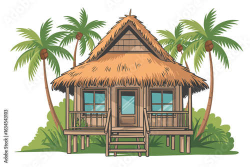 Tropical thatched hut surrounded by palm trees