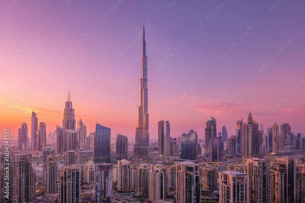 Obraz premium Aerial cityscape at sunset. Modern skyscrapers dominate the skyline