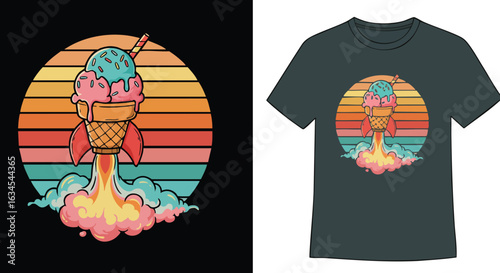 Retro Vector Illustration of Ice Cream Cone with Rocket Launch in Vintage Sunset Colors