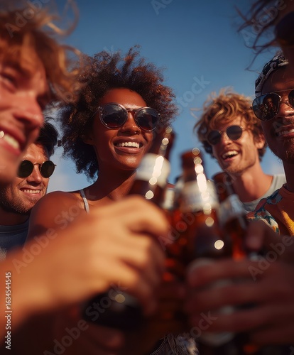 Sun-Kissed Cheers: Diverse Friends Toasting Beers from a Low-Angle View.