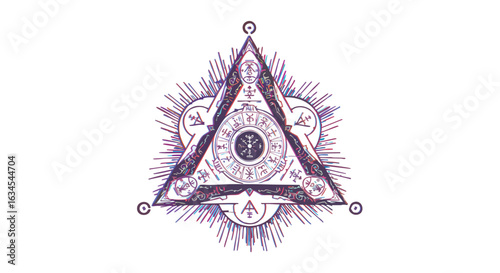 Mystical Geometric Vector Illustration with Triangular Symbol and Alchemical Symbols in Vintage Style