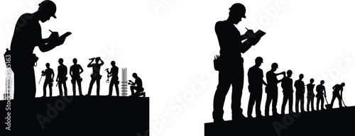 construction workers' silhouettes, detailed figures illustrations of builders and engineers represent teamwork, safety, and industrial work environments