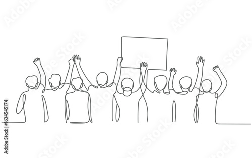 Line art depicting a group of people protesting with a blank sign