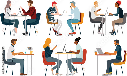Diverse people working at tables