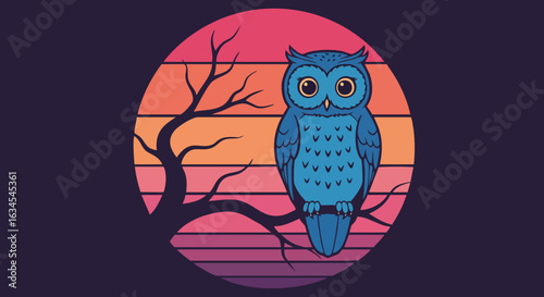 Vector Illustration of Owl Perched on Tree Branch with Sunset Background in Modern Flat Style Bright Blue and Pink Colors