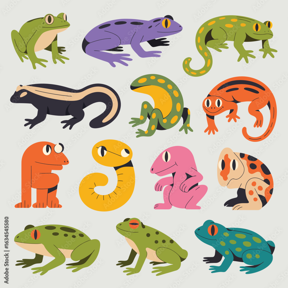 Obraz premium Collection of colorful cartoon amphibians and reptiles