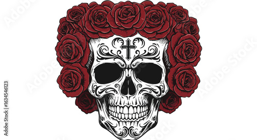 Vector Illustration of Sugar Skull with Red Roses in Gothic Style for Day of the Dead Celebrations
