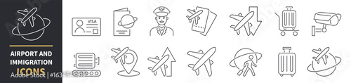 Airport and immigration line vector icon set