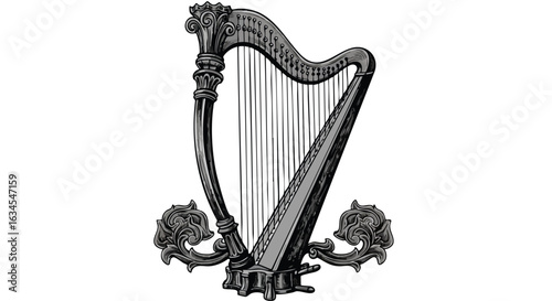 Elegant Vintage Vector Illustration of a Harp with Ornamental Details in Classic Style