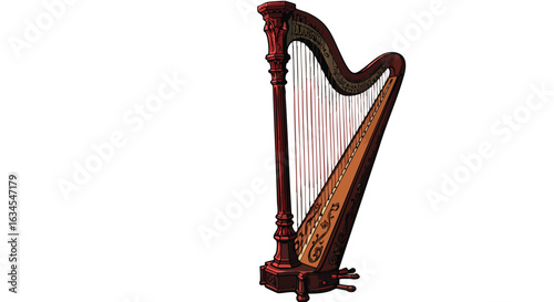 Vintage Harp Vector Illustration with Ornate Detailing in Classic Style for Musical and Cultural Design
