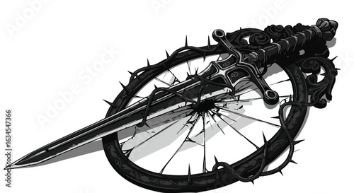 Dark Fantasy Vector Illustration of a Sword Embedded in a Broken Bicycle Wheel in Gothic Style with Black and Gray Colors