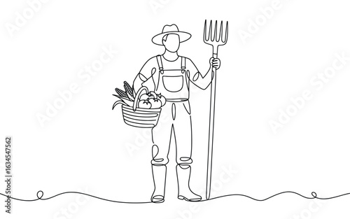 Farmer with pitchfork and harvest basket in a simple line drawing