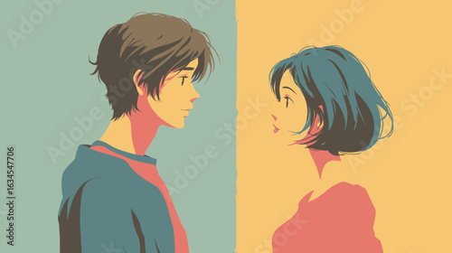 Anime-style young man and woman looking each other and impressed. Flat design vector illustration