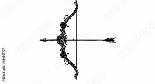 Vector Illustration of Ornamental Bow and Arrow with Floral Elements in Elegant Vintage Style with Monochrome Black and White Color Scheme