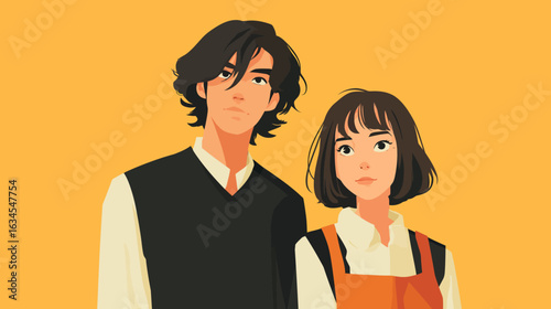 Anime-style young man and woman looking camera and impressed. Flat design vector illustration