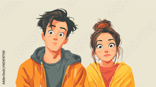 Anime-style young man and woman looking camera and impressed. Flat design vector illustration