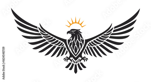 Vector Illustration of Bird with Outstretched Wings and Sun Halo in Modern Minimalist Style with Black and Gold Colors
