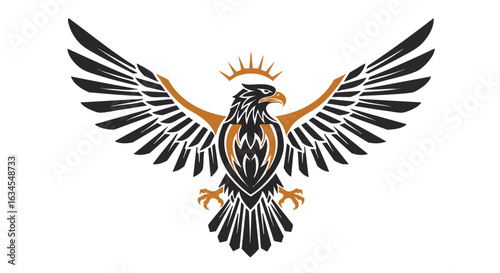 Vector Illustration of an Eagle with Outstretched Wings in Modern Stylized Design Featuring Gold and Black Colors