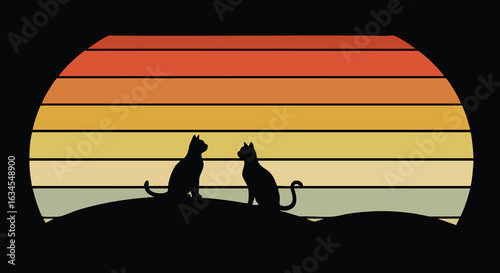 Minimalist Vector Illustration of Two Cats Sitting Silhouette Against Sunset in Retro Color Palette