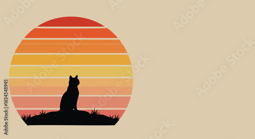 Minimalist Vector Illustration of Cat Silhouette Against Sunset in Warm Gradient Colors in Modern Style